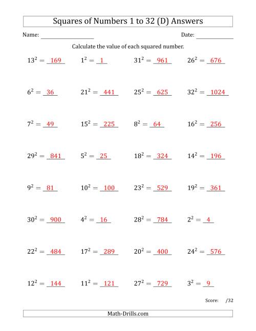 The Squares of Numbers from 1 to 32 (D) Math Worksheet Page 2