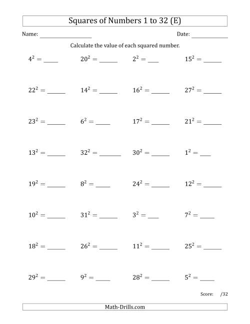 The Squares of Numbers from 1 to 32 (E) Math Worksheet