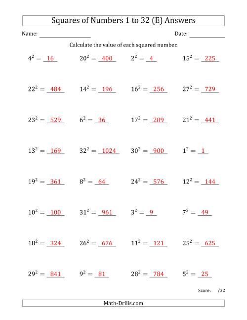 The Squares of Numbers from 1 to 32 (E) Math Worksheet Page 2