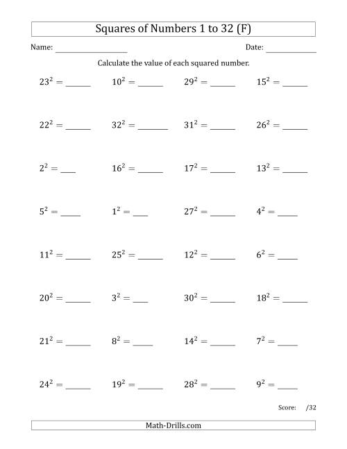 The Squares of Numbers from 1 to 32 (F) Math Worksheet