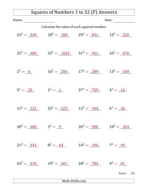 The Squares of Numbers from 1 to 32 (F) Math Worksheet Page 2