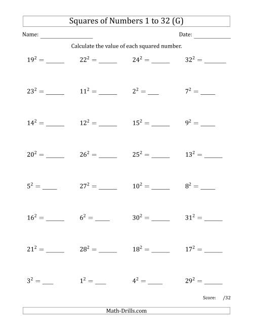 The Squares of Numbers from 1 to 32 (G) Math Worksheet