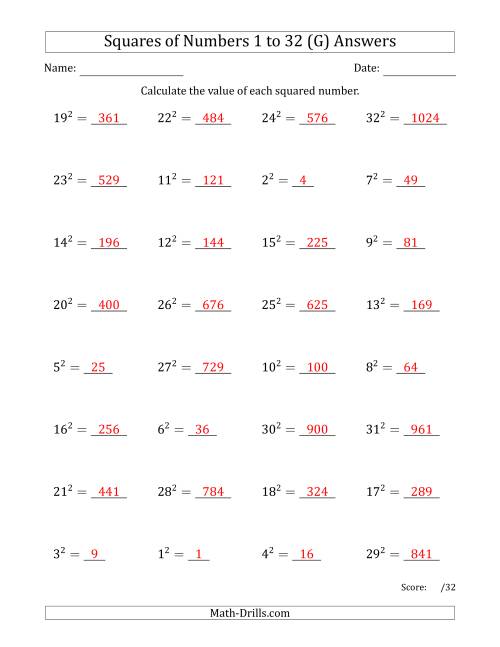 The Squares of Numbers from 1 to 32 (G) Math Worksheet Page 2