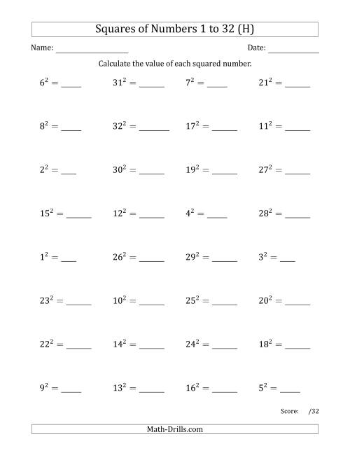 The Squares of Numbers from 1 to 32 (H) Math Worksheet