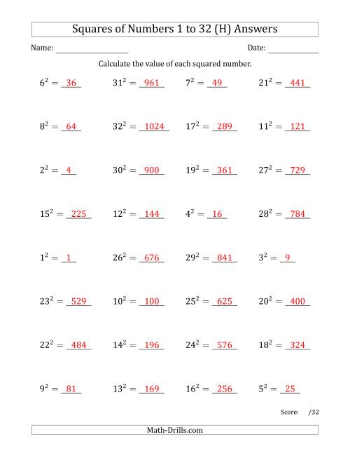 The Squares of Numbers from 1 to 32 (H) Math Worksheet Page 2