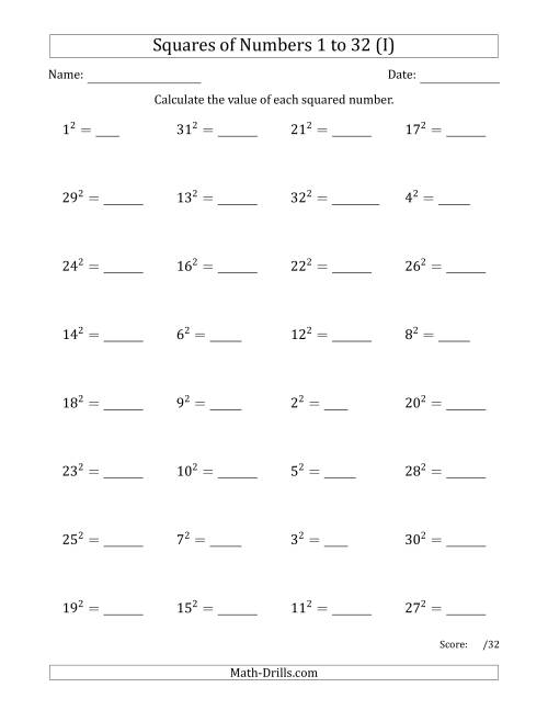 The Squares of Numbers from 1 to 32 (I) Math Worksheet