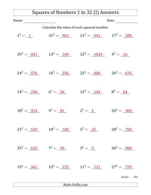 The Squares of Numbers from 1 to 32 (I) Math Worksheet Page 2