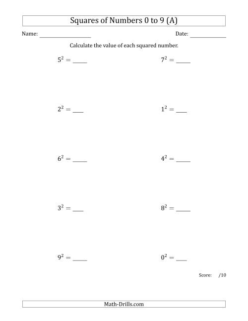 The Squares of Numbers from 0 to 9 (A) Math Worksheet