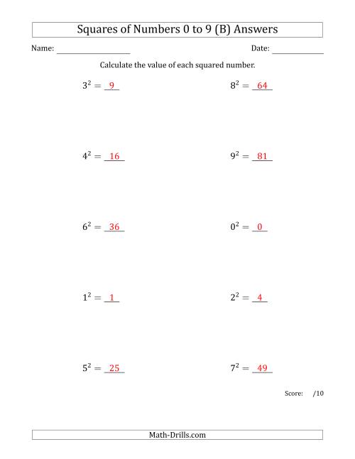 The Squares of Numbers from 0 to 9 (B) Math Worksheet Page 2