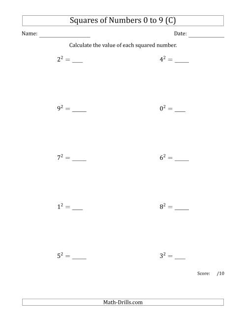 The Squares of Numbers from 0 to 9 (C) Math Worksheet