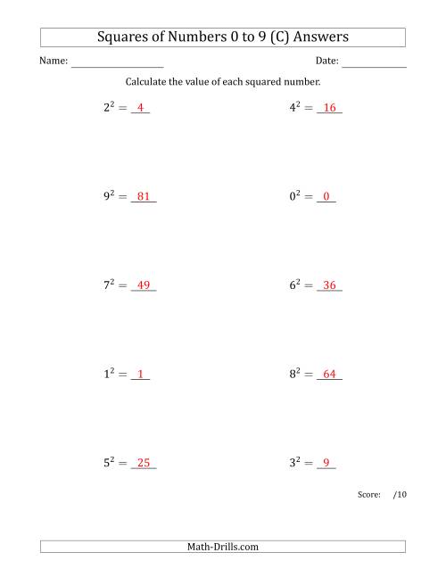 The Squares of Numbers from 0 to 9 (C) Math Worksheet Page 2