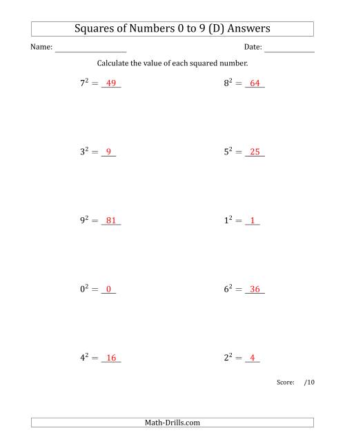 The Squares of Numbers from 0 to 9 (D) Math Worksheet Page 2