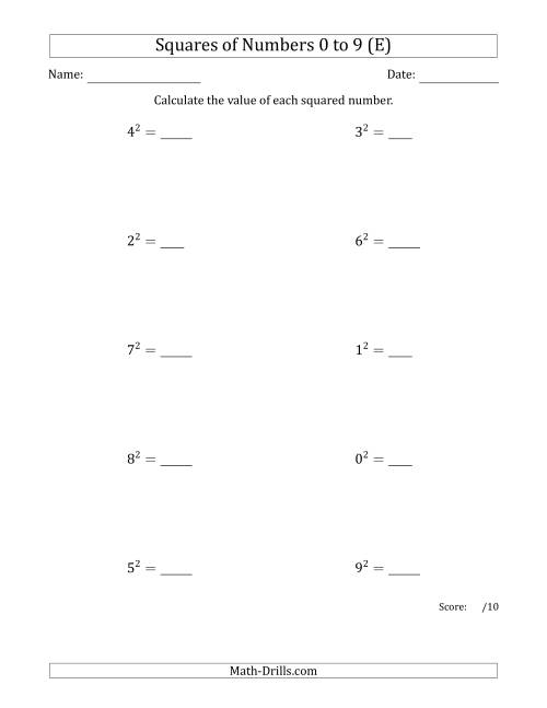 The Squares of Numbers from 0 to 9 (E) Math Worksheet