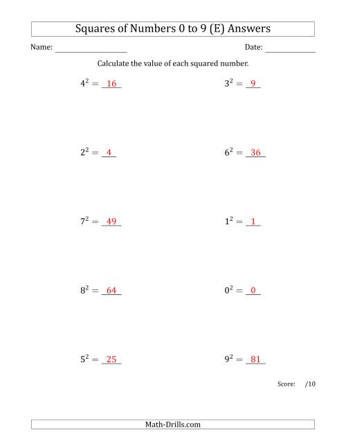 The Squares of Numbers from 0 to 9 (E) Math Worksheet Page 2
