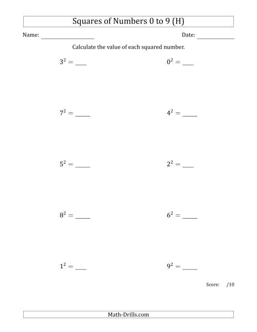 The Squares of Numbers from 0 to 9 (H) Math Worksheet