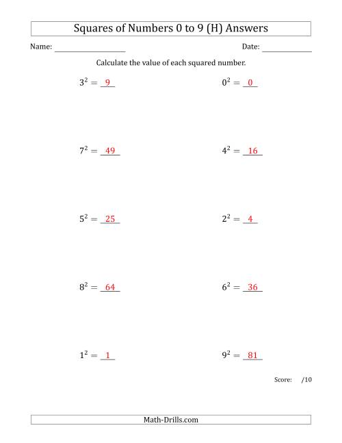 The Squares of Numbers from 0 to 9 (H) Math Worksheet Page 2