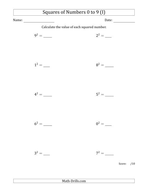 The Squares of Numbers from 0 to 9 (I) Math Worksheet