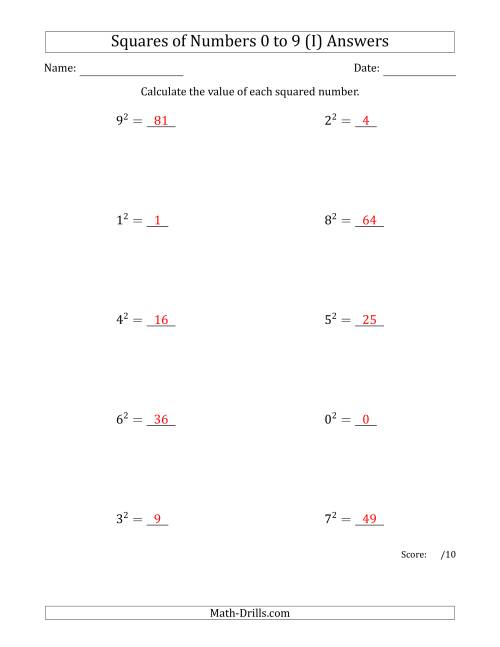 The Squares of Numbers from 0 to 9 (I) Math Worksheet Page 2