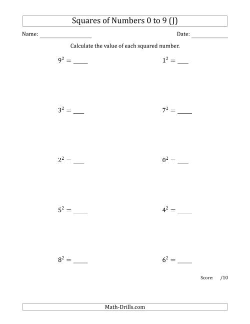 The Squares of Numbers from 0 to 9 (J) Math Worksheet