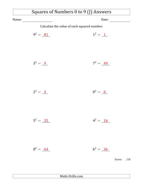 The Squares of Numbers from 0 to 9 (J) Math Worksheet Page 2