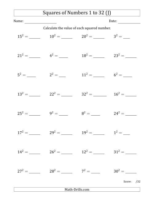 The Squares of Numbers from 1 to 32 (J) Math Worksheet