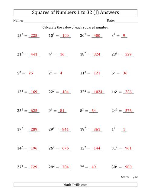 The Squares of Numbers from 1 to 32 (J) Math Worksheet Page 2