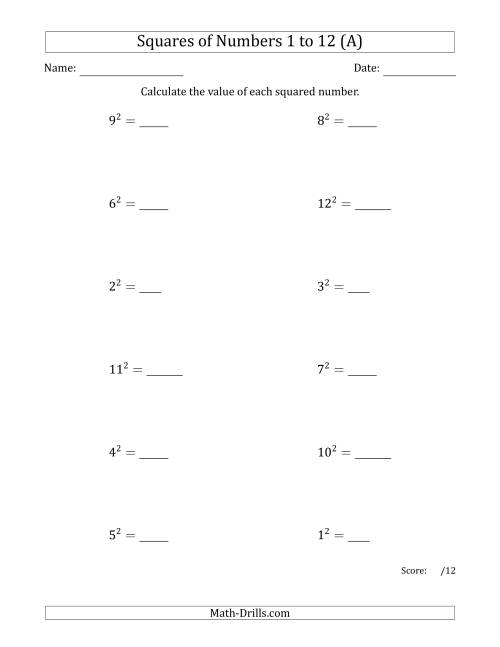 The Squares of Numbers from 1 to 12 (A) Math Worksheet