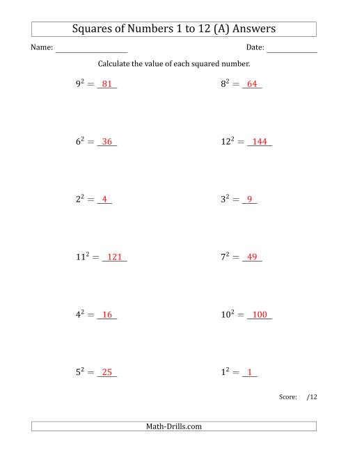 The Squares of Numbers from 1 to 12 (A) Math Worksheet Page 2