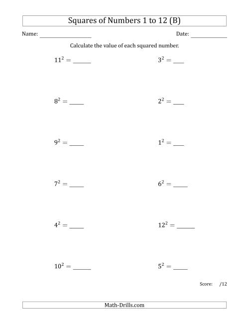 The Squares of Numbers from 1 to 12 (B) Math Worksheet