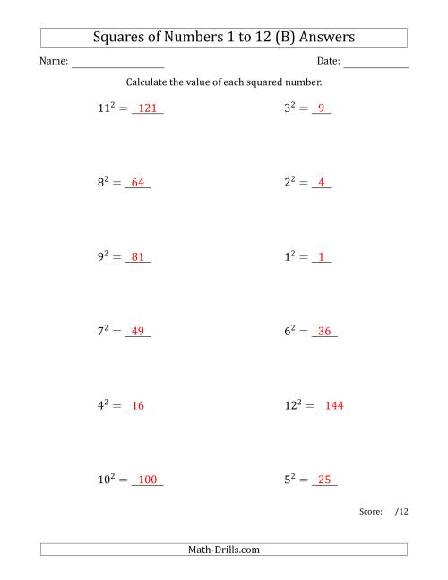 The Squares of Numbers from 1 to 12 (B) Math Worksheet Page 2