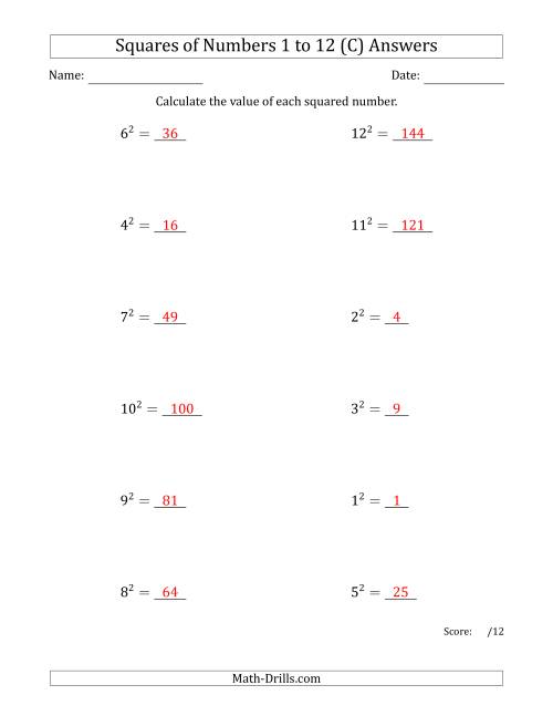 The Squares of Numbers from 1 to 12 (C) Math Worksheet Page 2