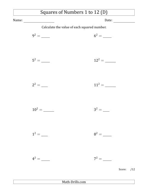 The Squares of Numbers from 1 to 12 (D) Math Worksheet