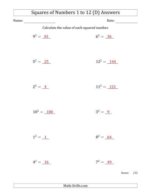 The Squares of Numbers from 1 to 12 (D) Math Worksheet Page 2
