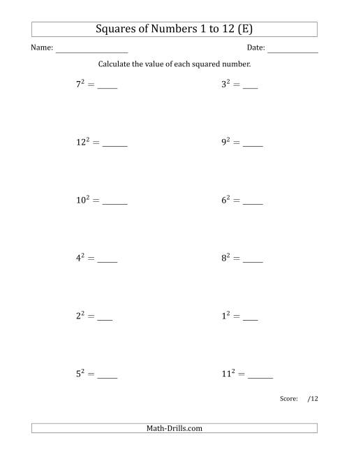 The Squares of Numbers from 1 to 12 (E) Math Worksheet