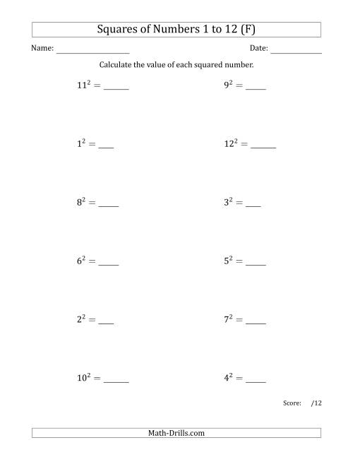 The Squares of Numbers from 1 to 12 (F) Math Worksheet