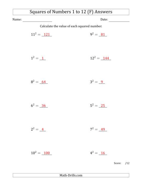 The Squares of Numbers from 1 to 12 (F) Math Worksheet Page 2