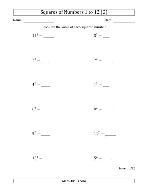 The Squares of Numbers from 1 to 12 (G) Math Worksheet