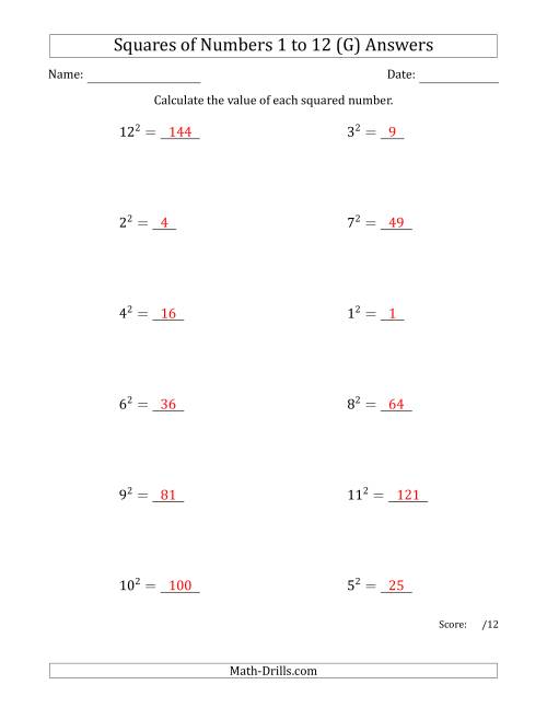 The Squares of Numbers from 1 to 12 (G) Math Worksheet Page 2