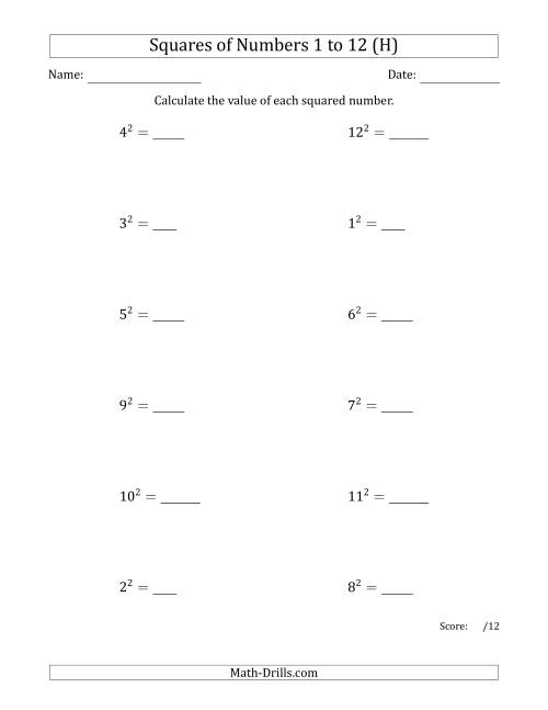 The Squares of Numbers from 1 to 12 (H) Math Worksheet