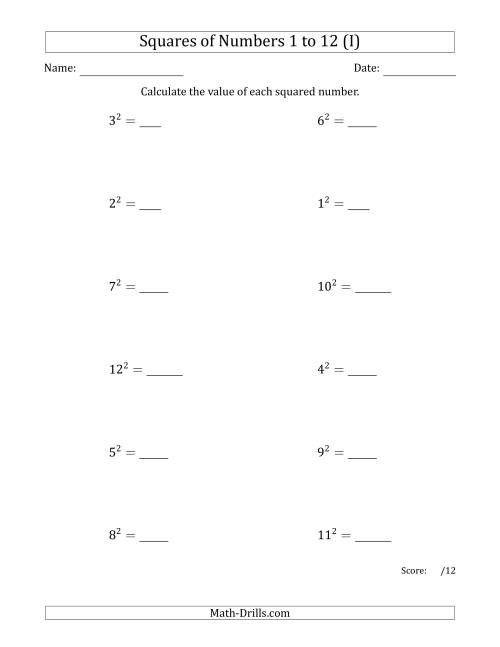 The Squares of Numbers from 1 to 12 (I) Math Worksheet