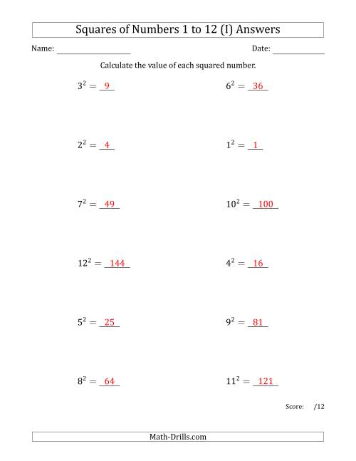 The Squares of Numbers from 1 to 12 (I) Math Worksheet Page 2