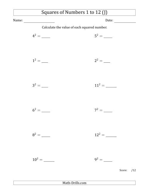 The Squares of Numbers from 1 to 12 (J) Math Worksheet
