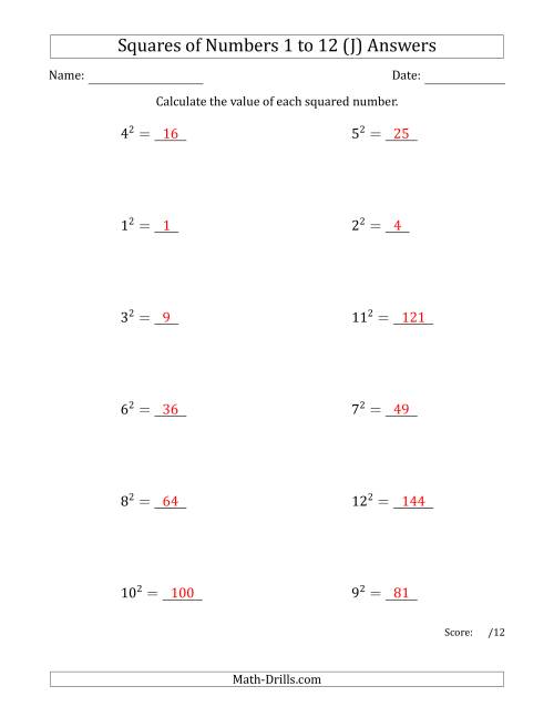 The Squares of Numbers from 1 to 12 (J) Math Worksheet Page 2