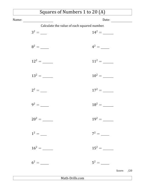 The Squares of Numbers from 1 to 20 (A) Math Worksheet