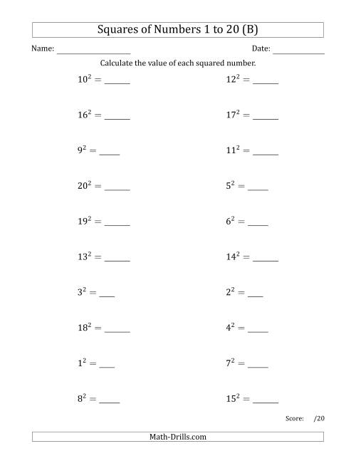 The Squares of Numbers from 1 to 20 (B) Math Worksheet