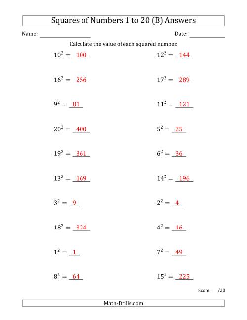 The Squares of Numbers from 1 to 20 (B) Math Worksheet Page 2
