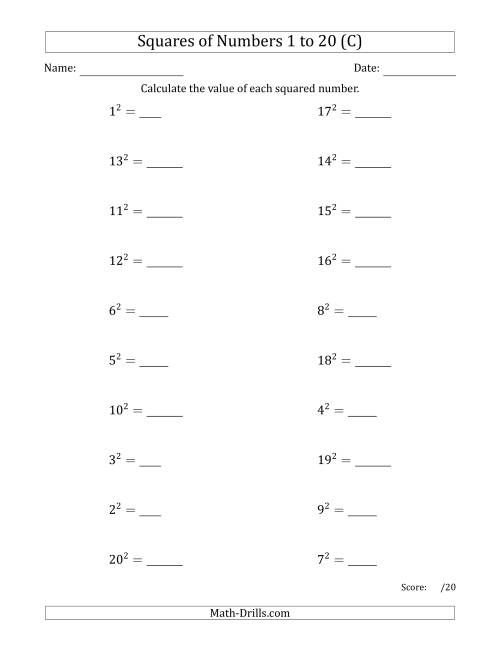 The Squares of Numbers from 1 to 20 (C) Math Worksheet