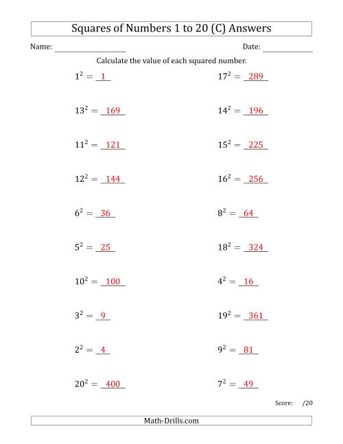The Squares of Numbers from 1 to 20 (C) Math Worksheet Page 2