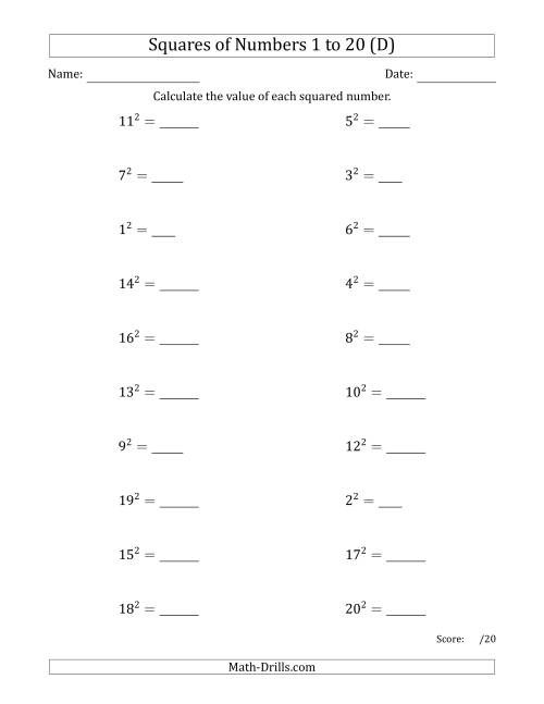 The Squares of Numbers from 1 to 20 (D) Math Worksheet