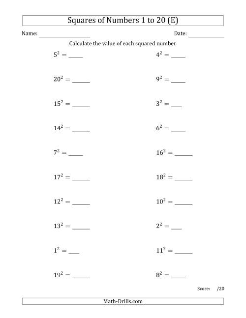 The Squares of Numbers from 1 to 20 (E) Math Worksheet